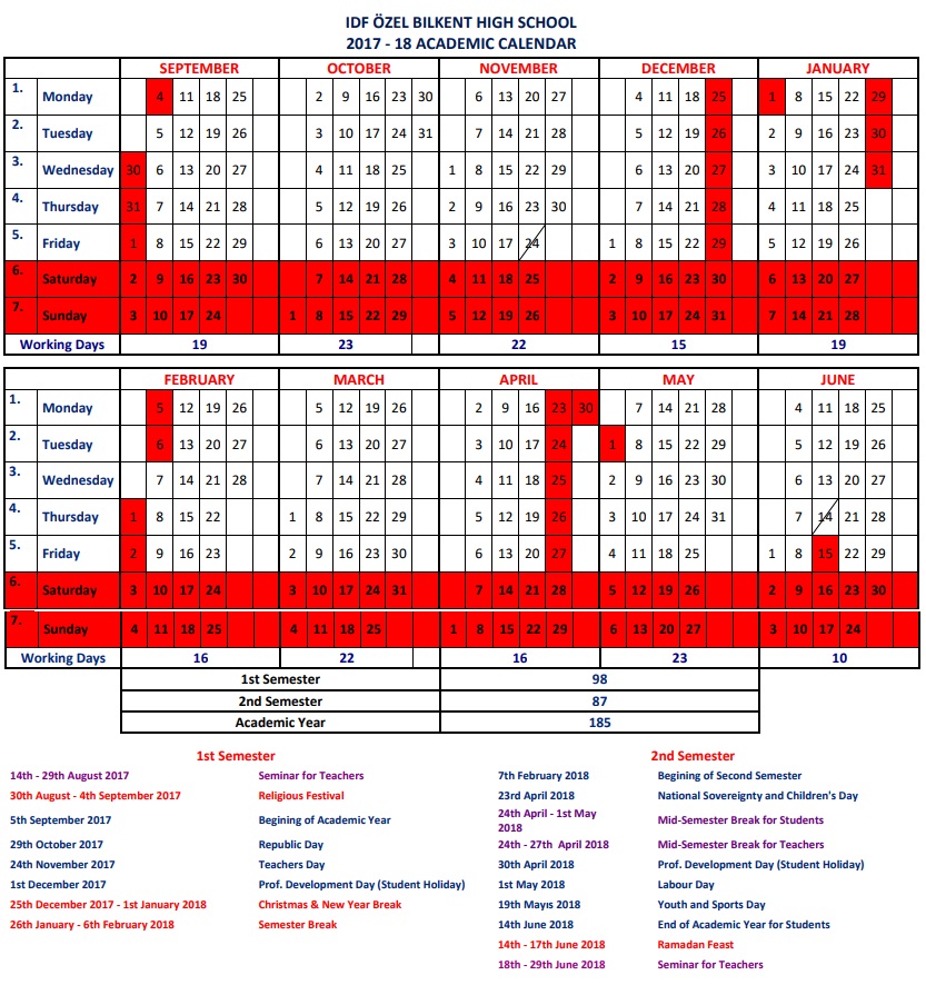 ACADEMIC CALENDAR İDV Bilkent High School